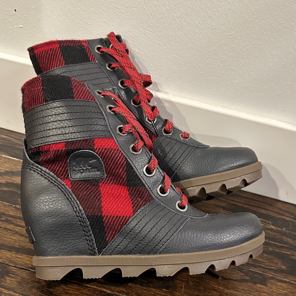 Sorel Red and Black Plaid Lace-Up Wedge Ankle Boots - Picture 2 of 3